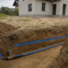 Trwa budowa przyłącza wodociągowego. W wykopie widać niebieską rurę i taśmę ostrzegawczą "UWAGA WODOCIĄG".