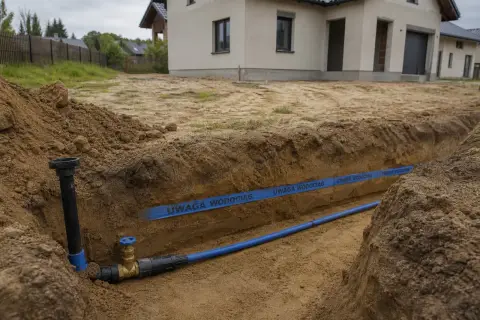 Trwa budowa przyłącza wodociągowego. W wykopie widać niebieską rurę i taśmę ostrzegawczą "UWAGA WODOCIĄG".