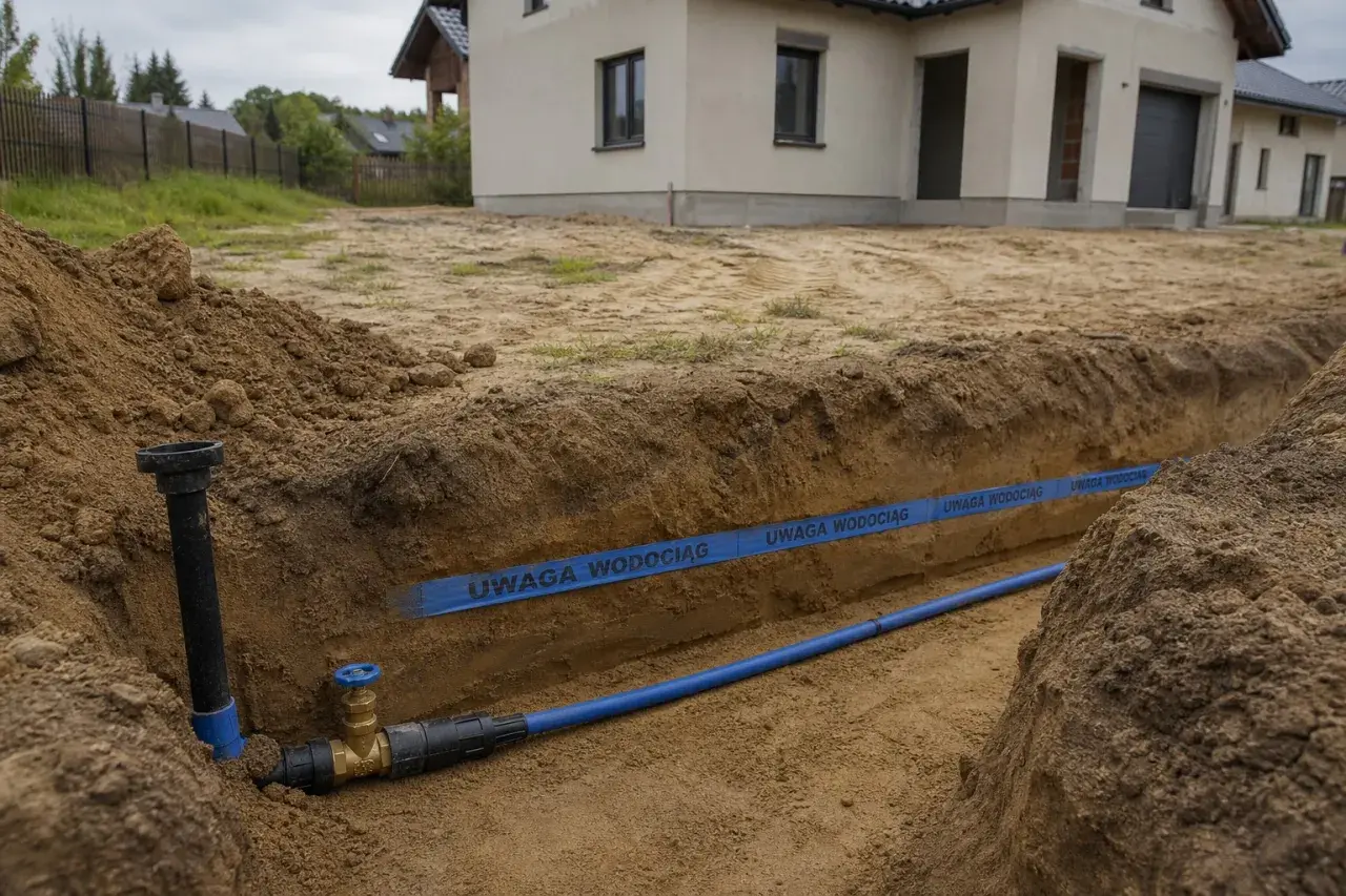 Trwa budowa przyłącza wodociągowego. W wykopie widać niebieską rurę i taśmę ostrzegawczą "UWAGA WODOCIĄG".