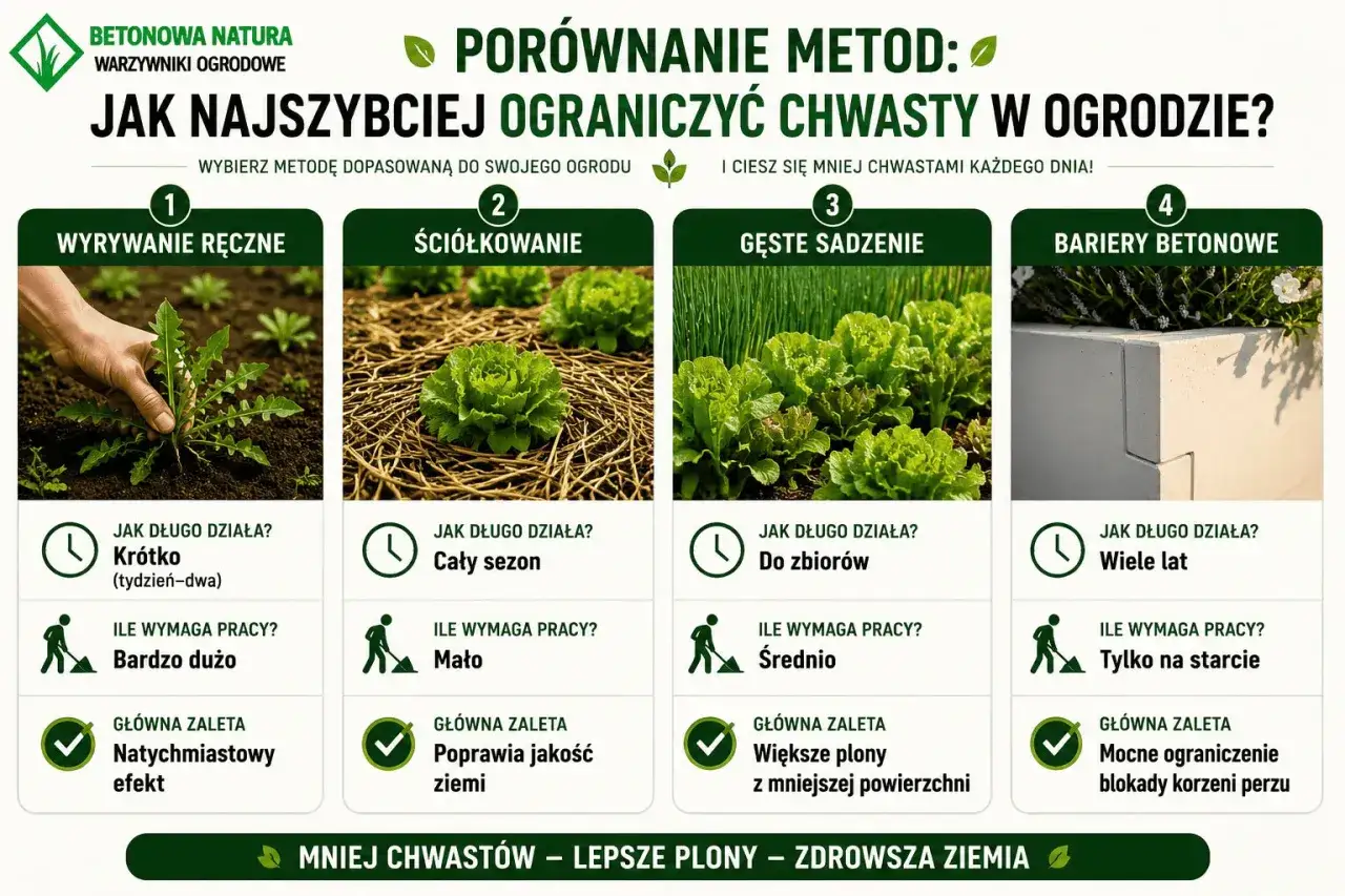 Jak pozbyć się chwastów na działce? Porównanie metod: ręczne wyrywanie, ściółkowanie, gęste sadzenie i bariery betonowe.