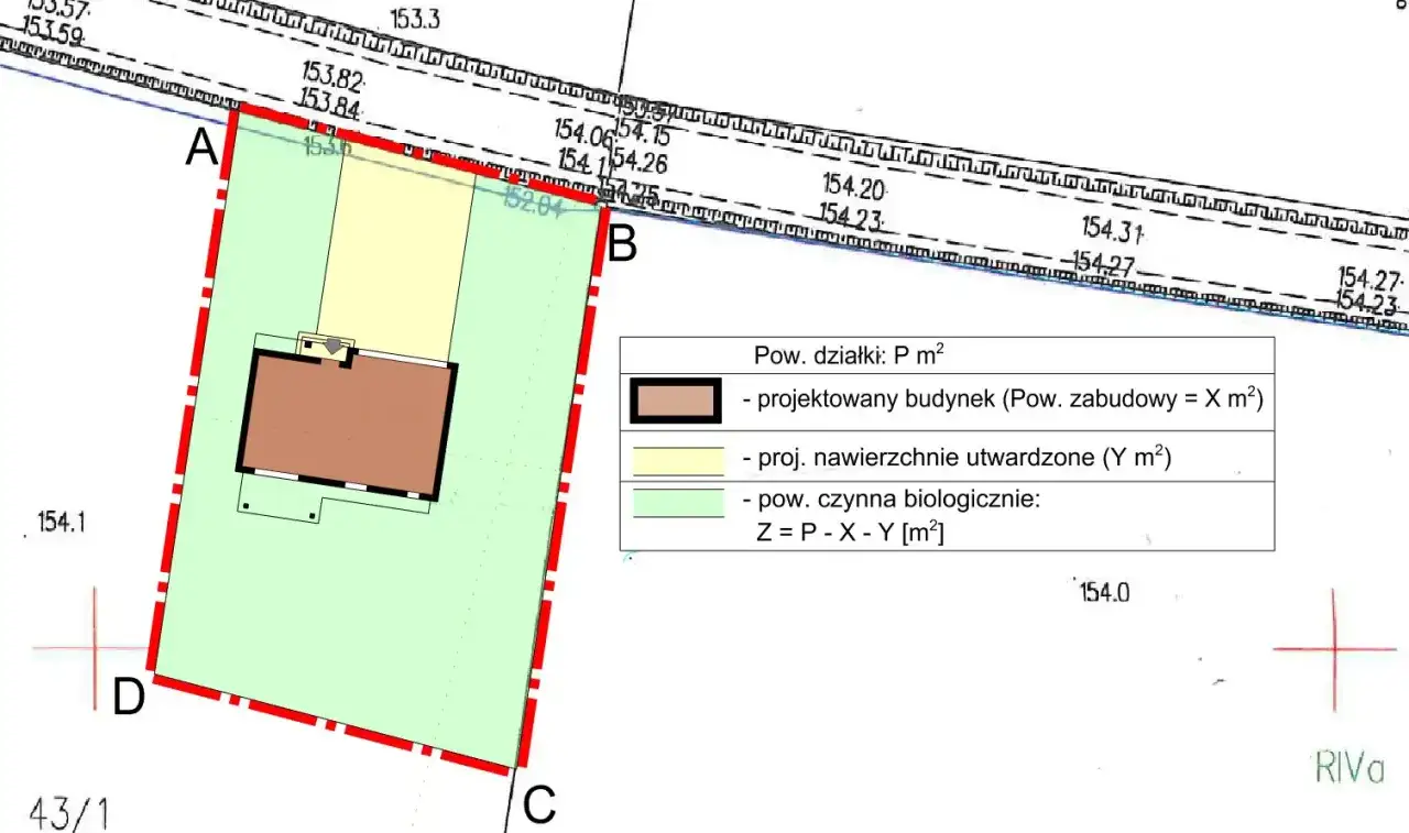 Plan sytuacyjny z zaznaczonym budynkiem. Brązowy prostokąt to projektowany budynek, którego powierzchnia zabudowy (X m²) jest kluczowa.